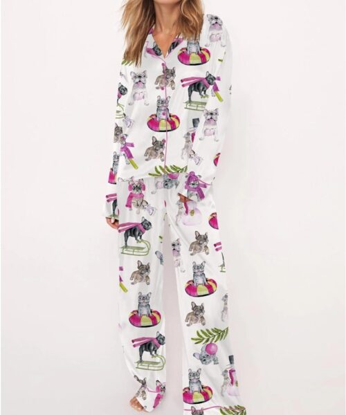 Christmas Skiing French Bulldog Satin Pajama Set For Women
