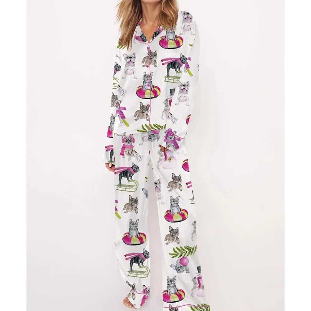Christmas Skiing French Bulldog Satin Pajama Set For Women