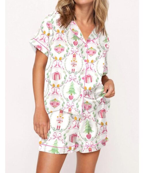 Christmas Wreath Nutcracker Satin Pajama Set For Women