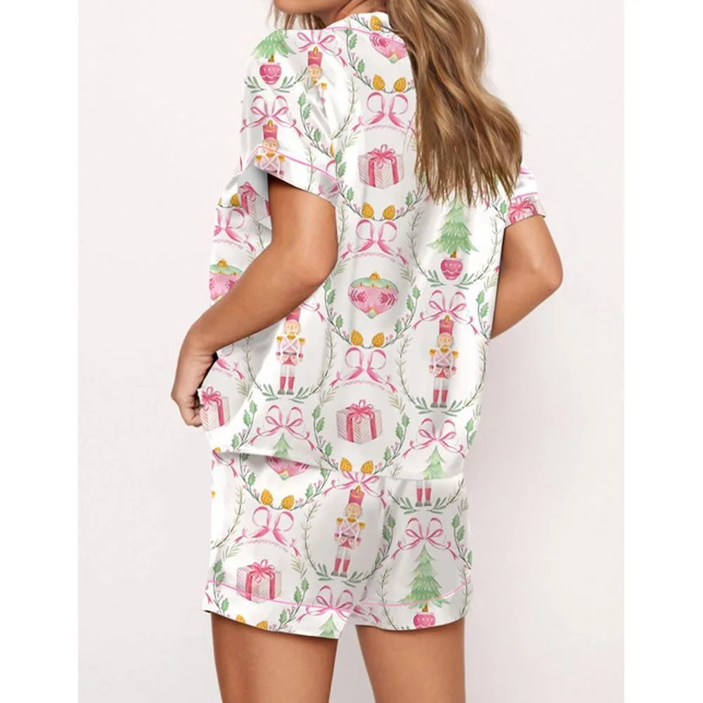 Christmas Wreath Nutcracker Satin Pajama Set For Women - Image 2