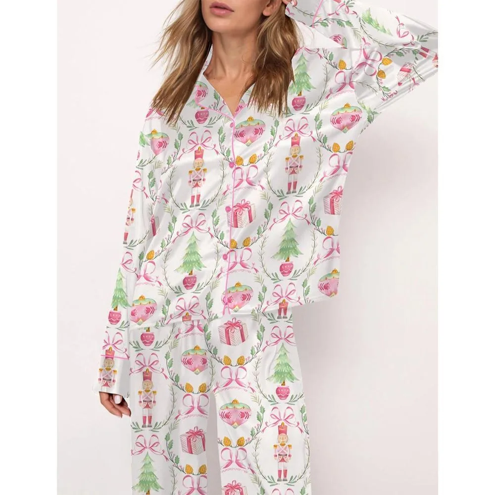 Christmas Wreath Nutcracker Satin Pajama Set For Women - Image 3