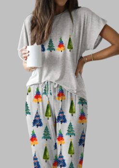 Colorful Christmas Tree Casual Pajama Set For Women