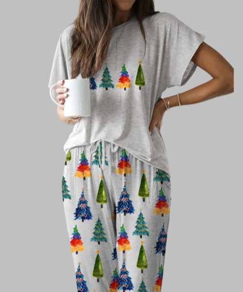 Colorful Christmas Tree Casual Pajama Set For Women