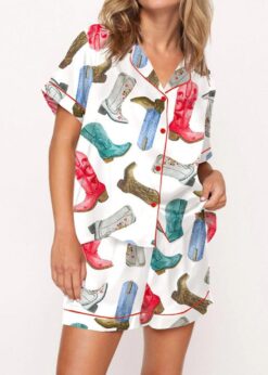 Colorful Cowboy Boots Satin Pajama Set For Women