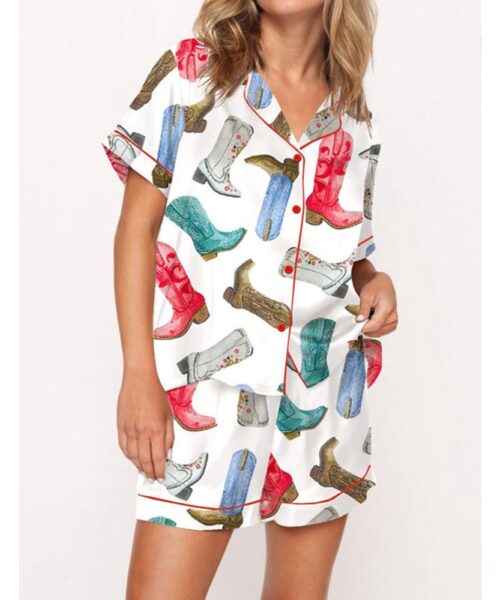 Colorful Cowboy Boots Satin Pajama Set For Women