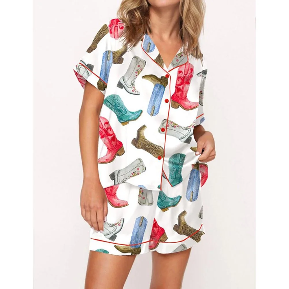 Colorful Cowboy Boots Satin Pajama Set For Women