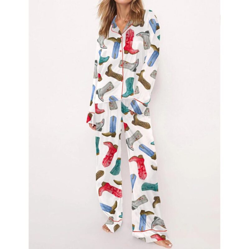 Colorful Cowboy Boots Satin Pajama Set For Women - Image 2