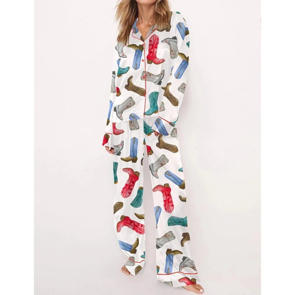 Colorful Cowboy Boots Satin Pajama Set For Women - Image 2