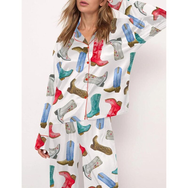 Colorful Cowboy Boots Satin Pajama Set For Women - Image 3