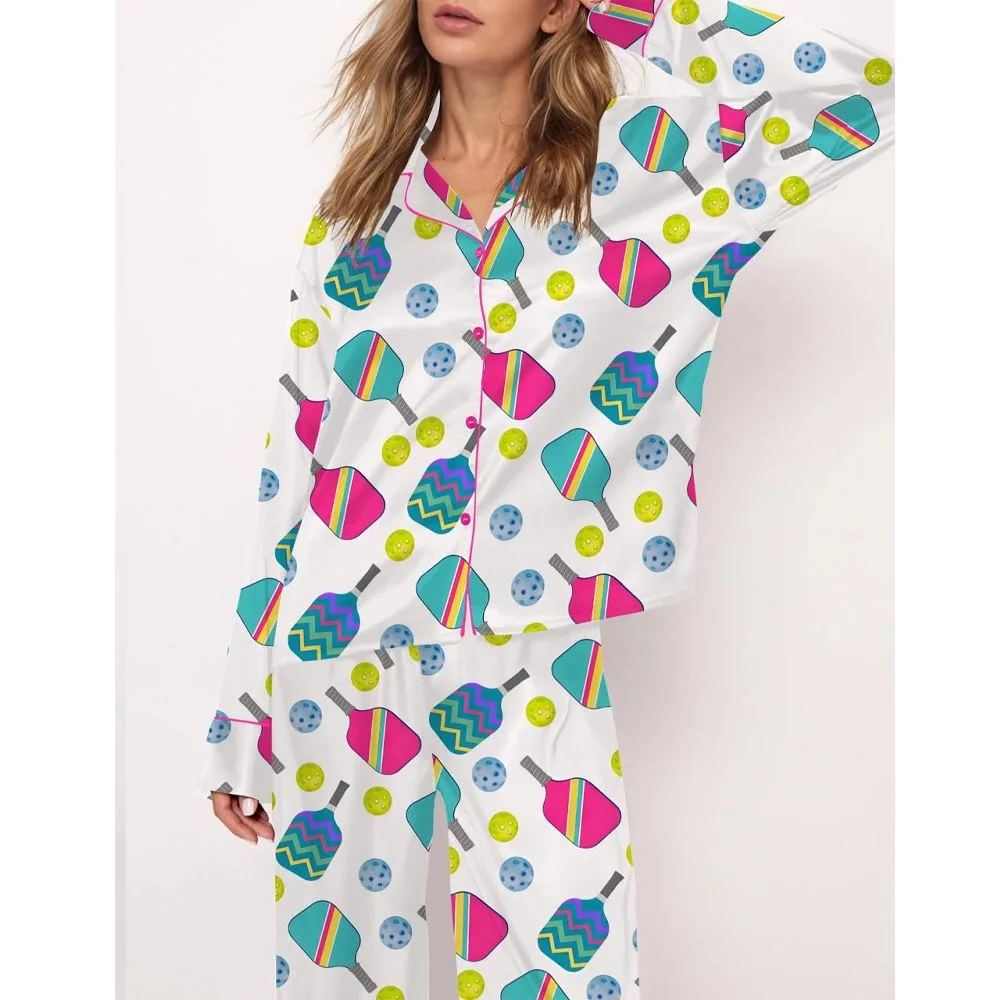Colorful Pickleball Satin Pajama Set For Women - Image 2