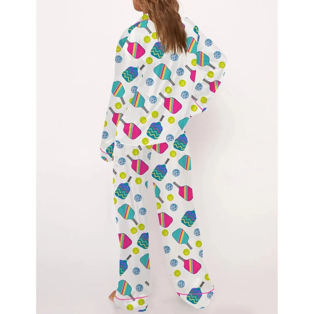 Colorful Pickleball Satin Pajama Set For Women - Image 3