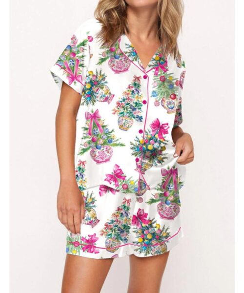Coquette Christmas Chinoiserie Tree Satin Pajama Set For Women