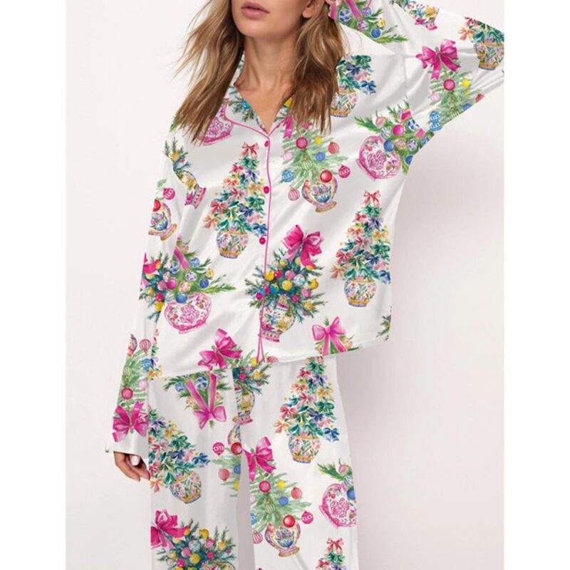 Coquette Christmas Chinoiserie Tree Satin Pajama Set For Women - Image 2