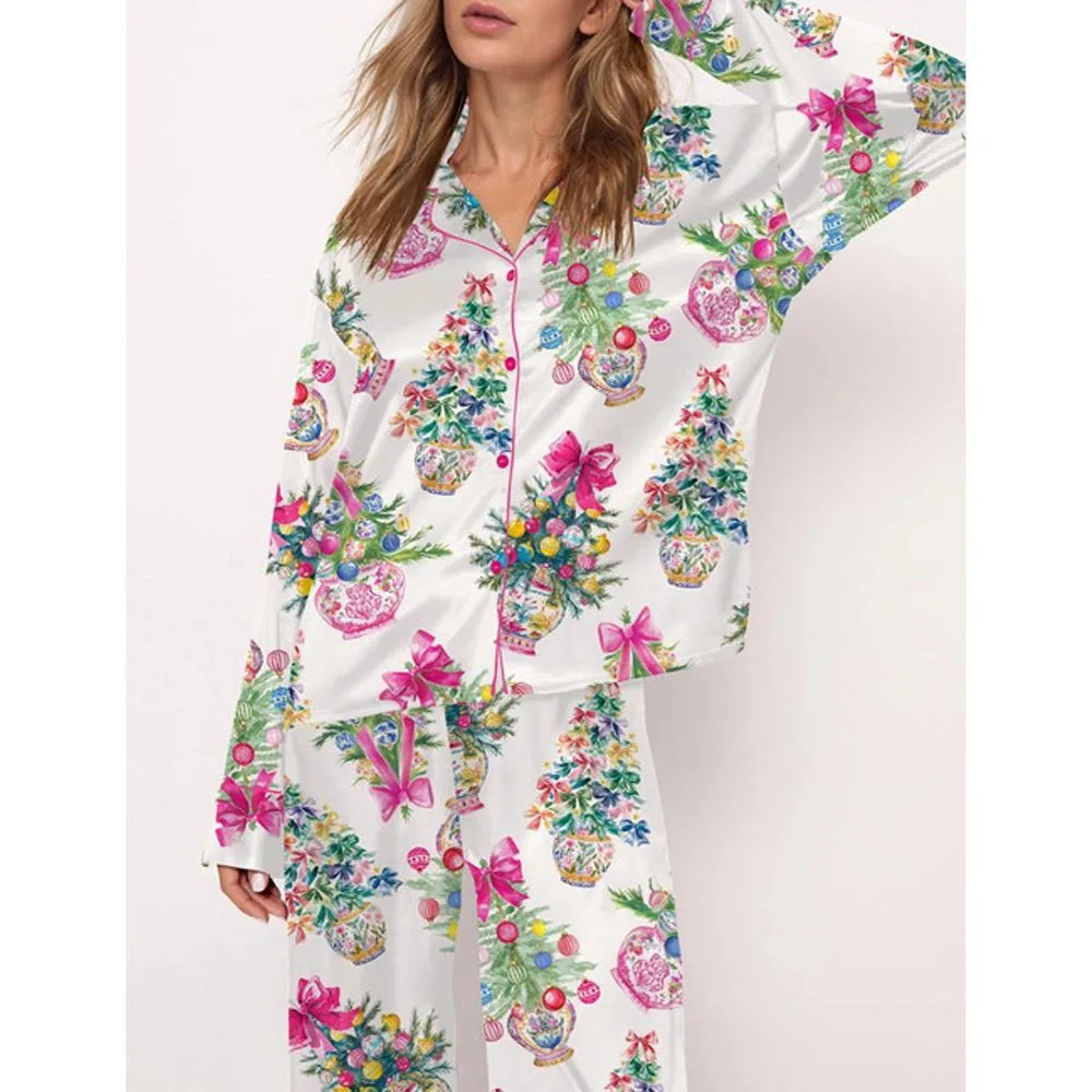 Coquette Christmas Chinoiserie Tree Satin Pajama Set For Women - Image 2