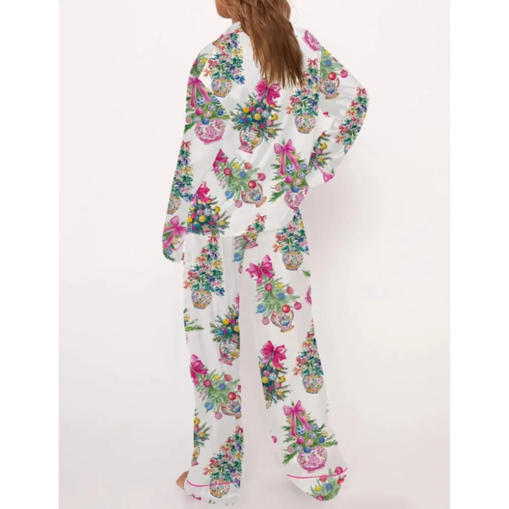 Coquette Christmas Chinoiserie Tree Satin Pajama Set For Women - Image 3