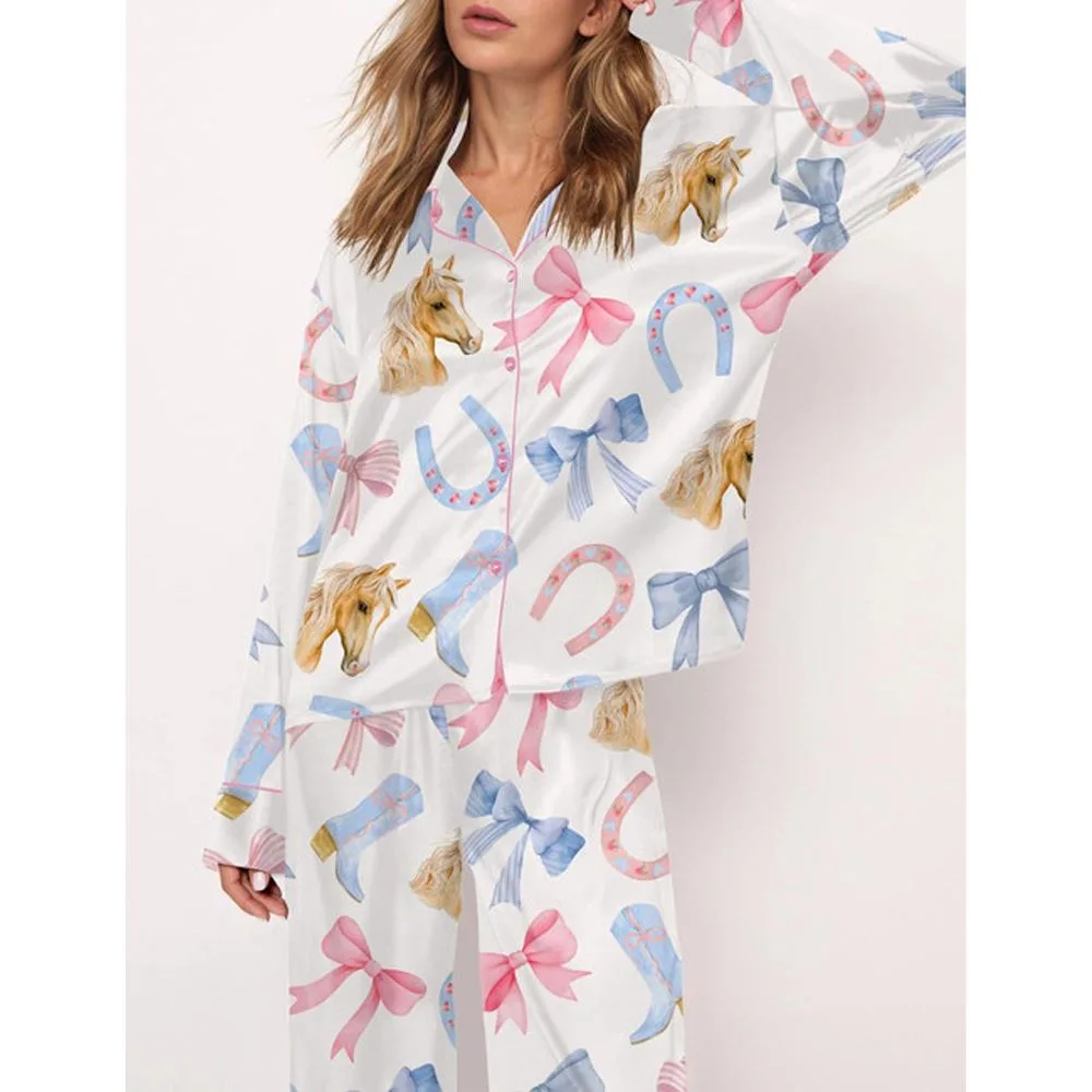 Coquette Equestrian Satin Pajama Set For Women - Image 2
