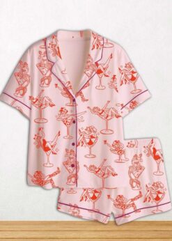 Cowgirl Girl Woman In Martini Glass Mermaid Catgirl In Glass Short Sleeve Satin Pajama Set For Women