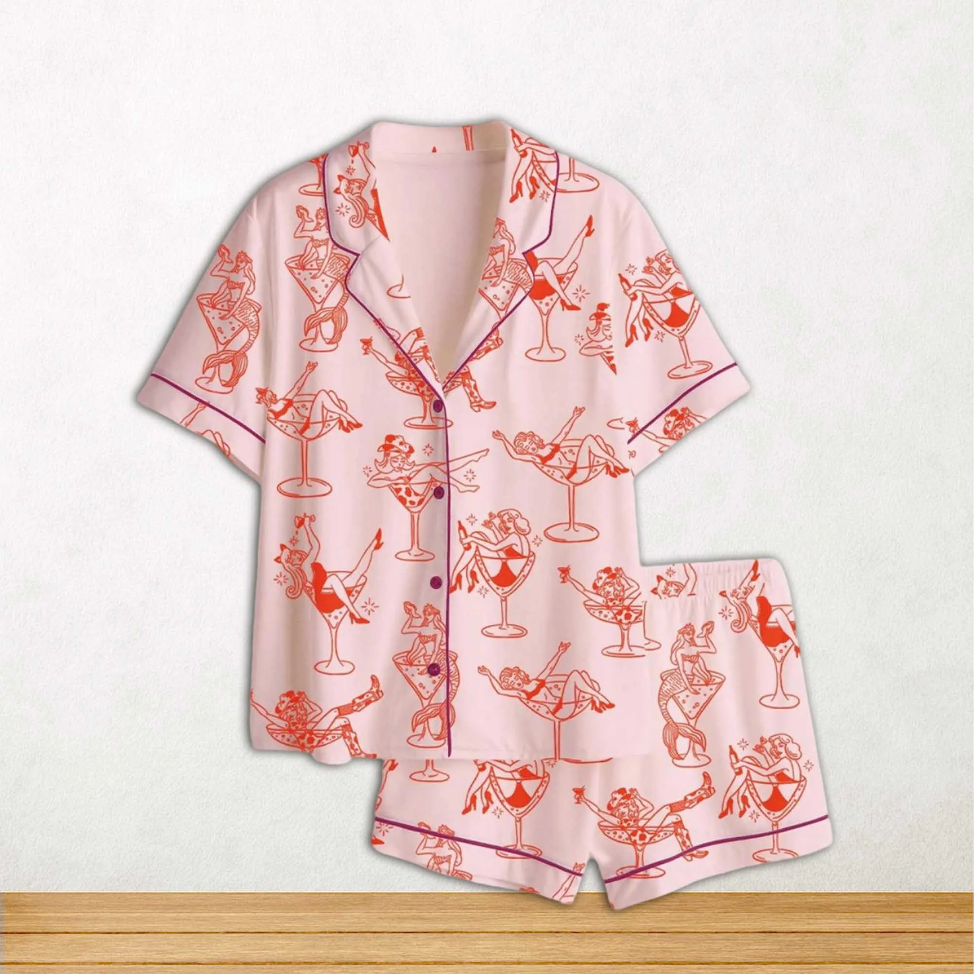 Cowgirl Girl Woman In Martini Glass Mermaid Catgirl In Glass Short Sleeve Satin Pajama Set For Women