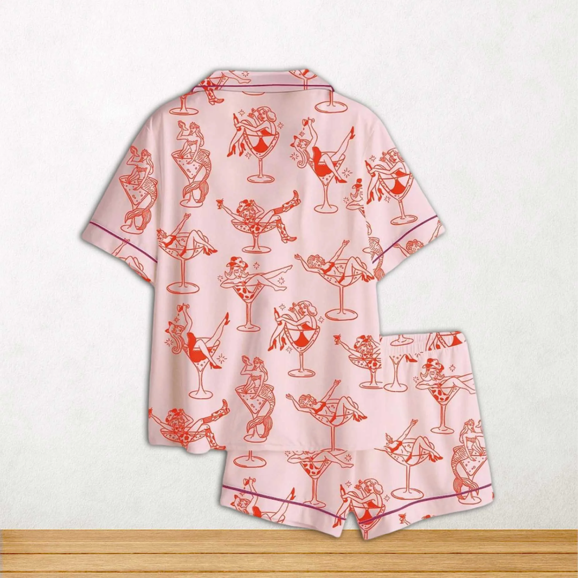 Cowgirl Girl Woman In Martini Glass Mermaid Catgirl In Glass Short Sleeve Satin Pajama Set For Women - Image 2