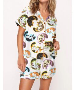 Cute Belly Cat Satin Pajama Set For Women