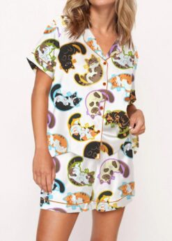 Cute Belly Cat Satin Pajama Set For Women