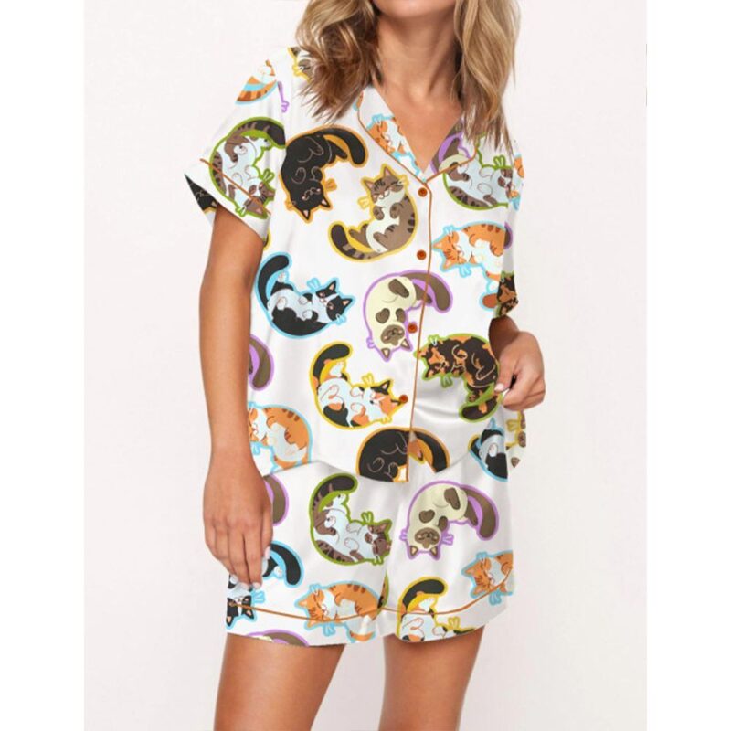 Cute Belly Cat Satin Pajama Set For Women