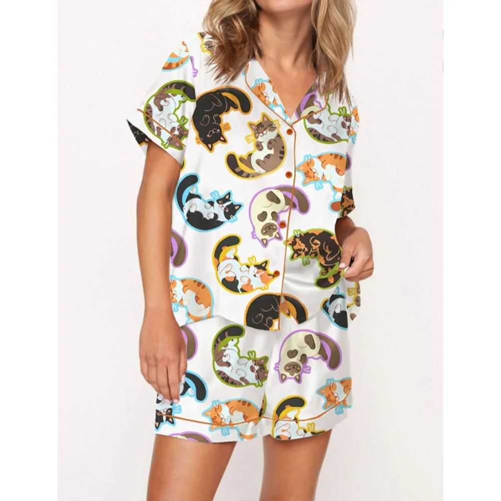 Cute Belly Cat Satin Pajama Set For Women