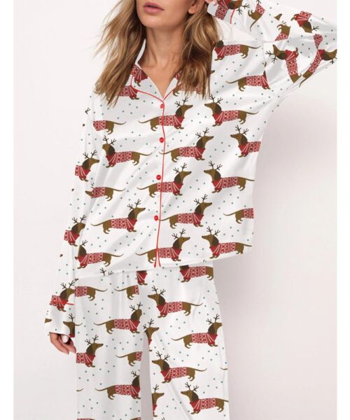 Dachshund And Snowflakes Christmas Satin Pajama Set For Women