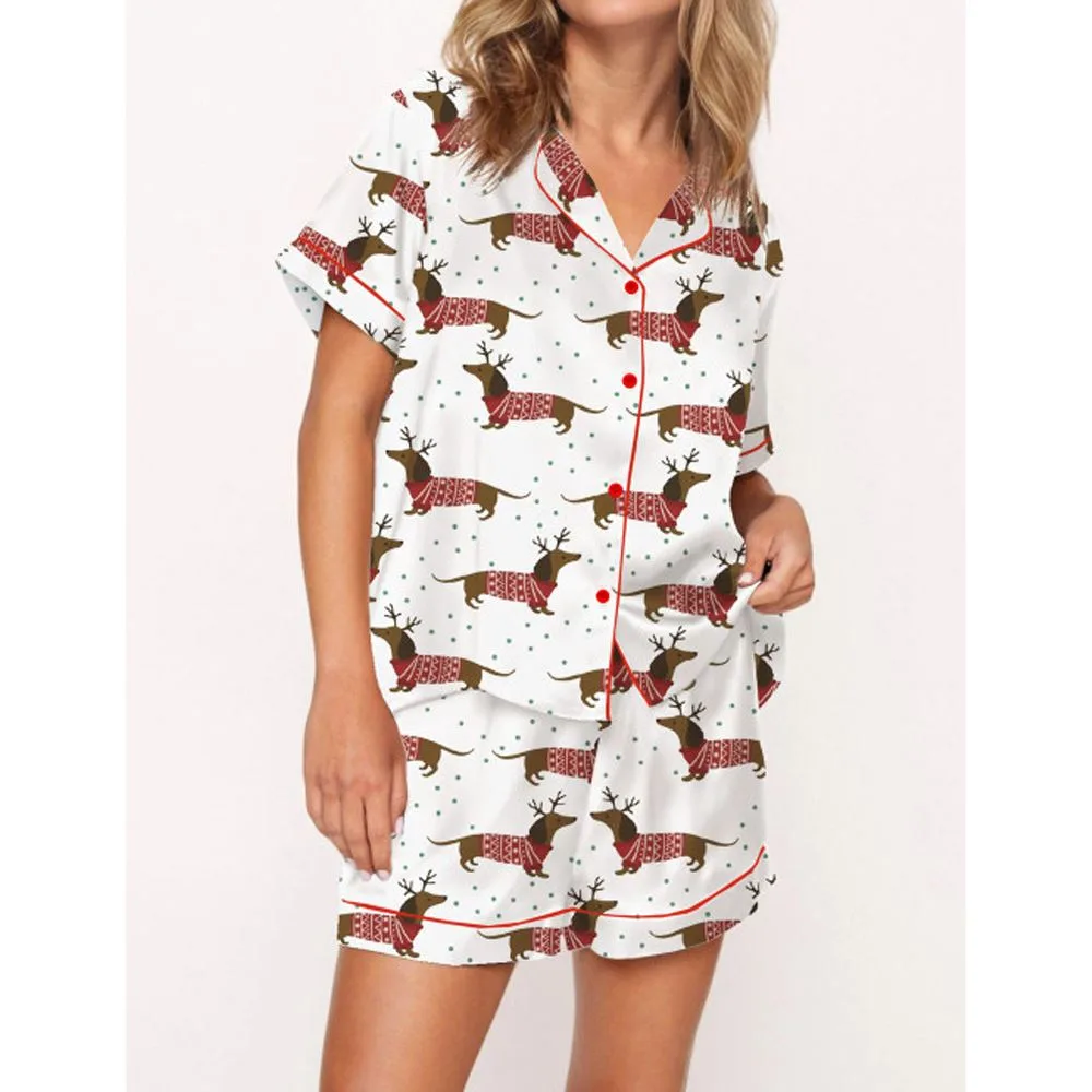 Dachshund And Snowflakes Christmas Satin Pajama Set For Women - Image 2