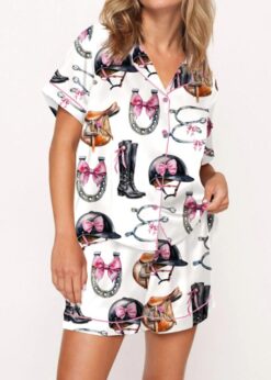 Equestrian Bow Satin Pajama Set For Women