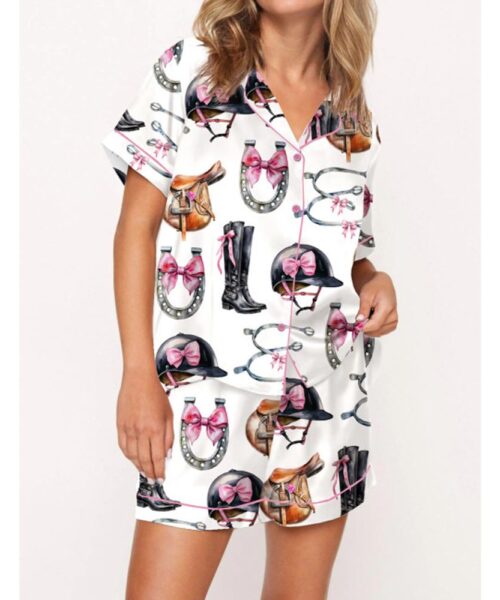Equestrian Bow Satin Pajama Set For Women