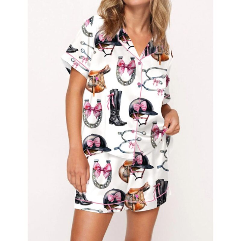 Equestrian Bow Satin Pajama Set For Women
