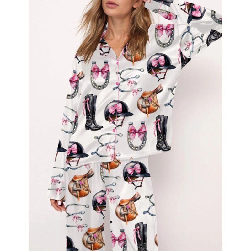 Equestrian Bow Satin Pajama Set For Women - Image 3