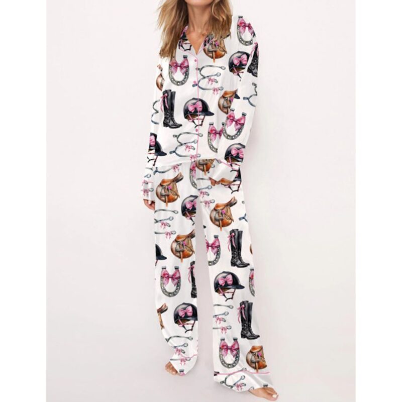 Equestrian Bow Satin Pajama Set For Women - Image 4