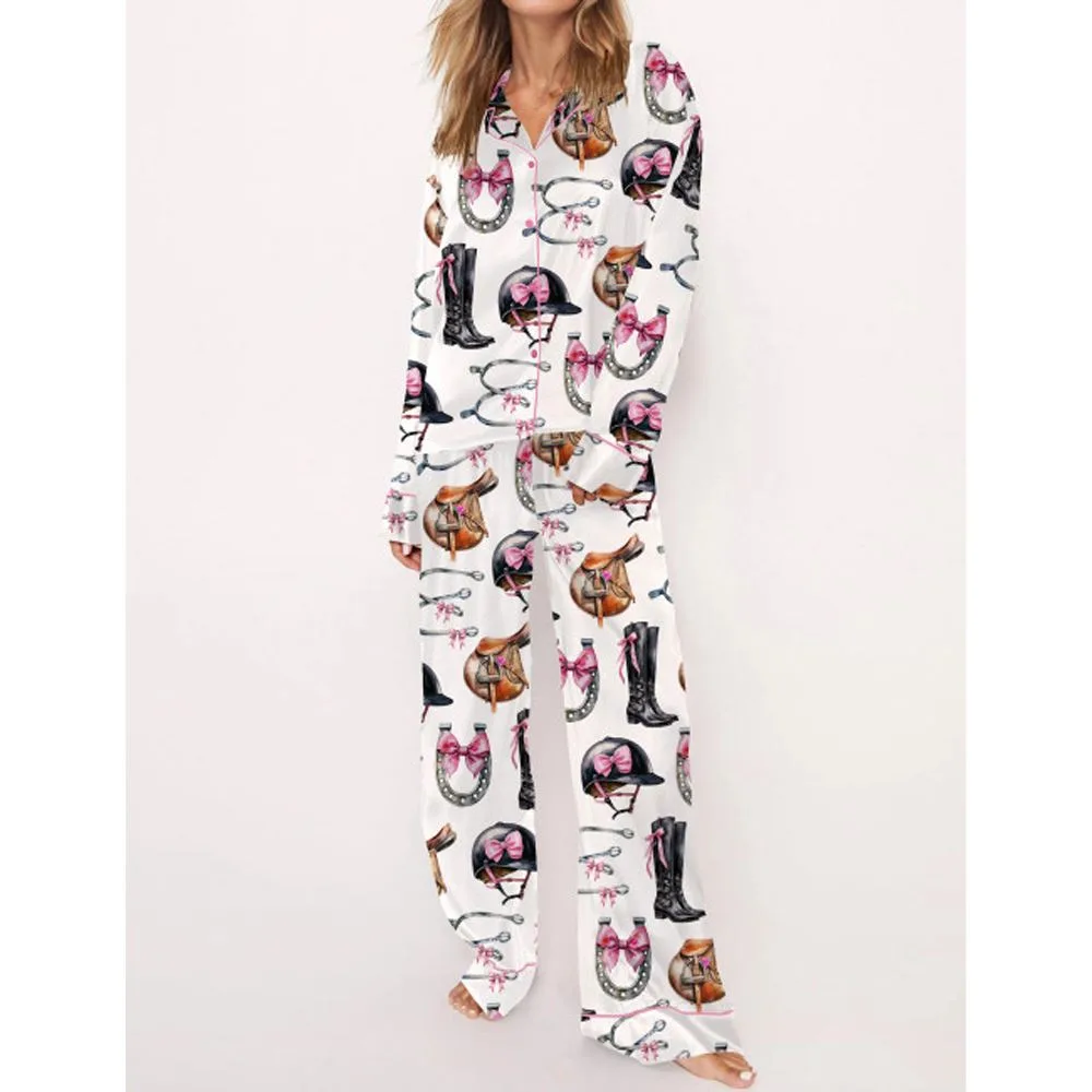Equestrian Bow Satin Pajama Set For Women - Image 4