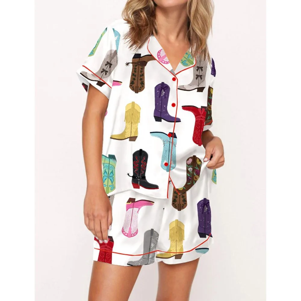Music Tour Cowboy Boots Satin Pajama Set For Women