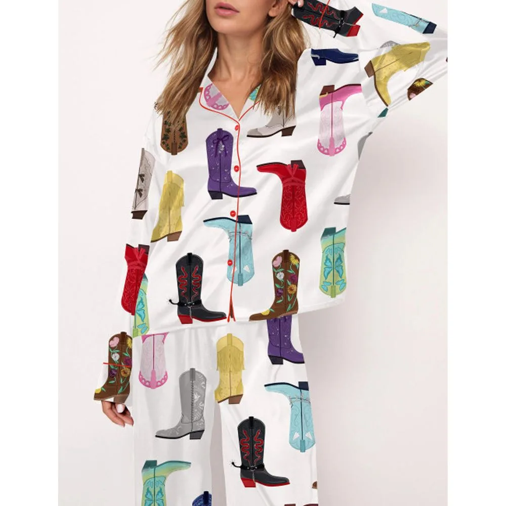Music Tour Cowboy Boots Satin Pajama Set For Women - Image 2