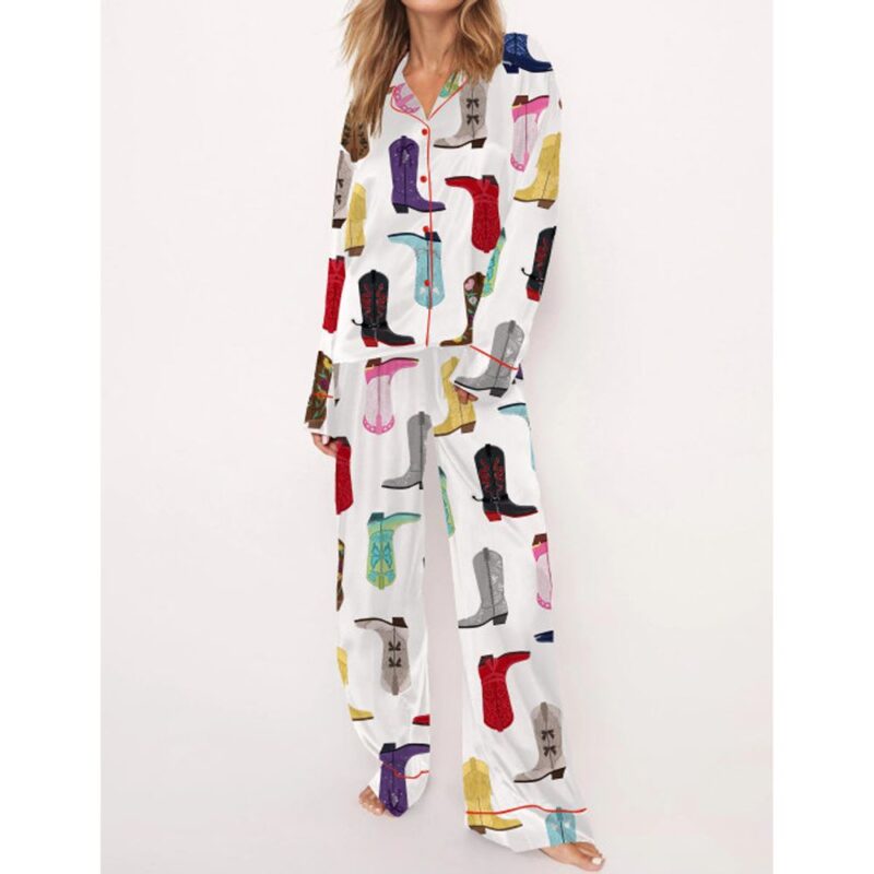 Music Tour Cowboy Boots Satin Pajama Set For Women - Image 3