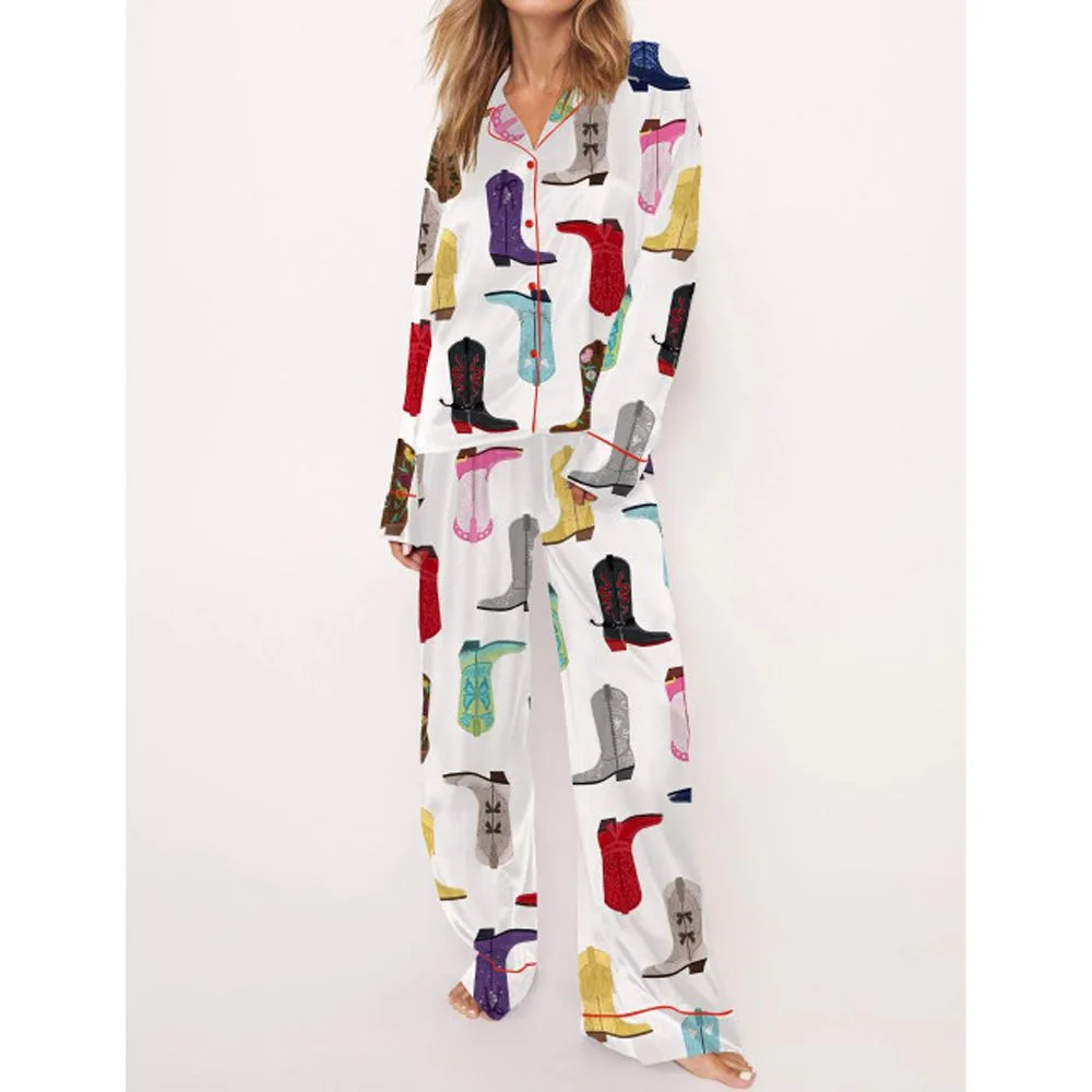 Music Tour Cowboy Boots Satin Pajama Set For Women - Image 3