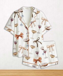 Espresso Martini Coquette Bow Short Sleeve Satin Pajama Set For Women