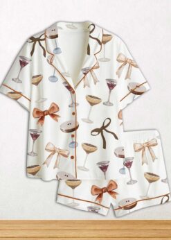Espresso Martini Coquette Bow Short Sleeve Satin Pajama Set For Women