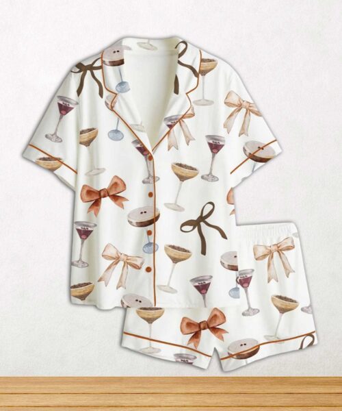 Espresso Martini Coquette Bow Short Sleeve Satin Pajama Set For Women