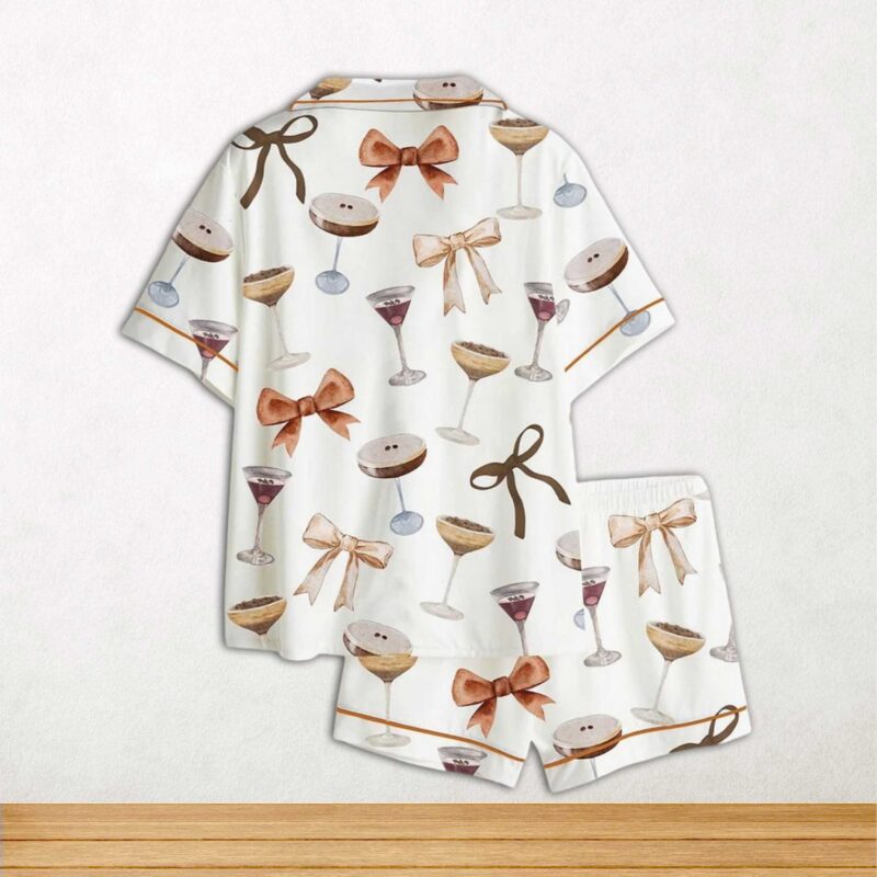 Espresso Martini Coquette Bow Short Sleeve Satin Pajama Set For Women - Image 2