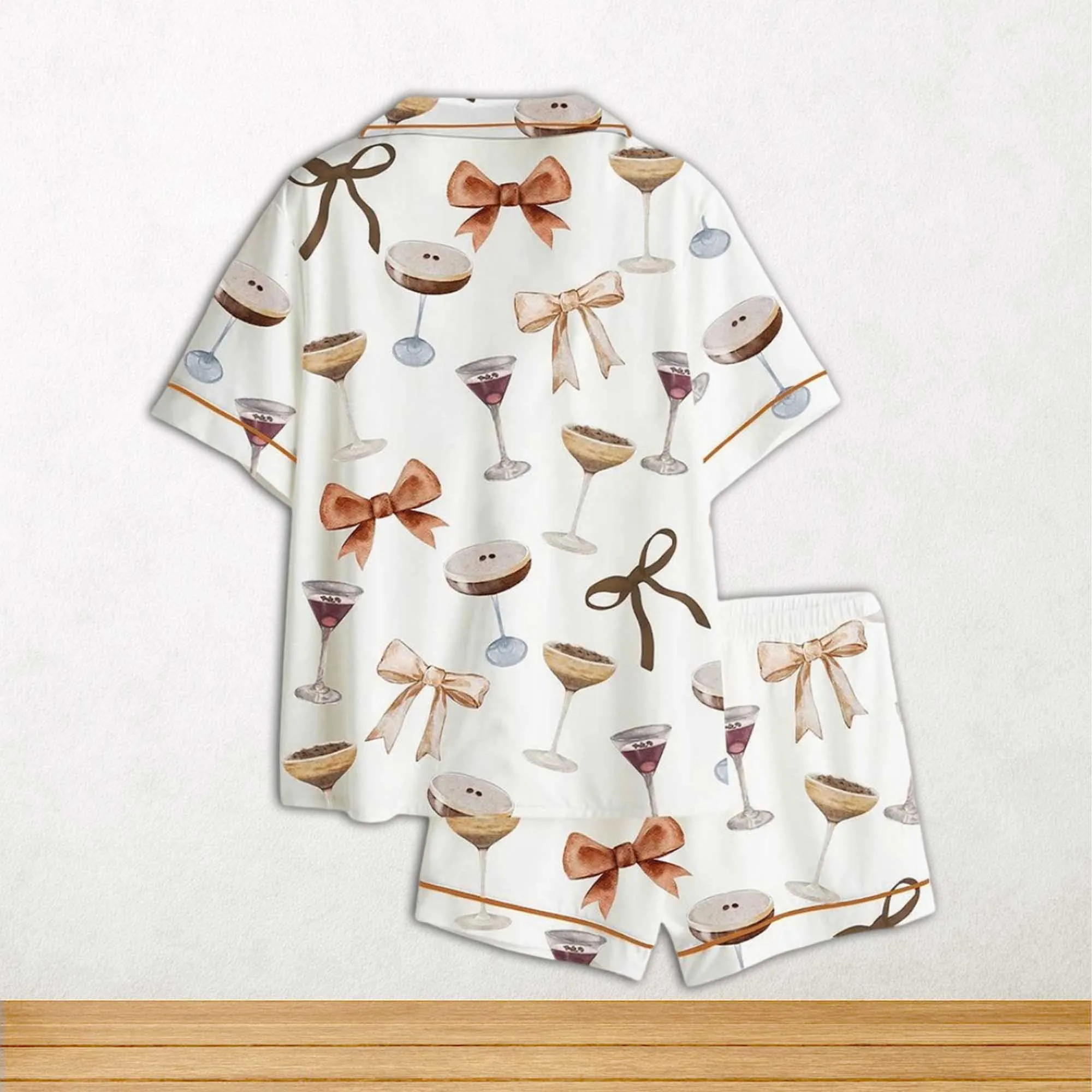 Espresso Martini Coquette Bow Short Sleeve Satin Pajama Set For Women - Image 2