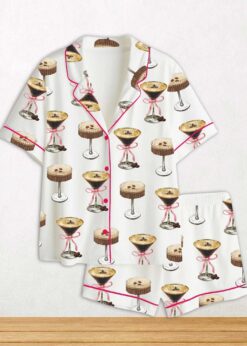 Espresso Martini Pink Bow Short Sleeve Satin Pajama Set For Women