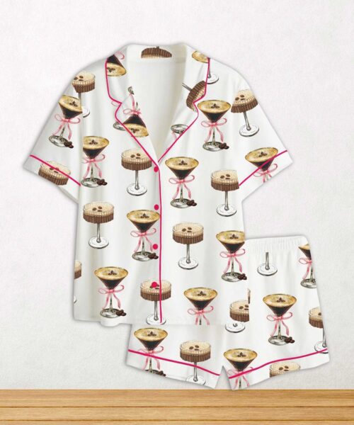 Espresso Martini Pink Bow Short Sleeve Satin Pajama Set For Women