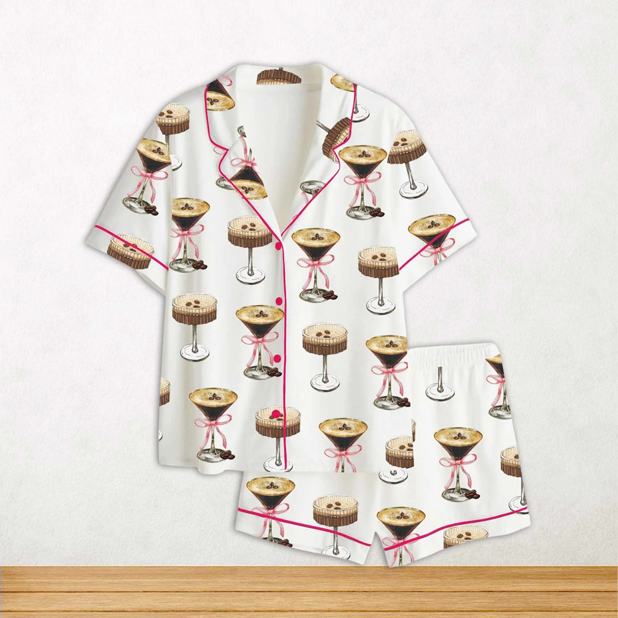Espresso Martini Pink Bow Short Sleeve Satin Pajama Set For Women