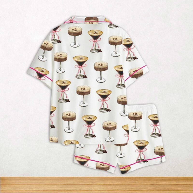 Espresso Martini Pink Bow Short Sleeve Satin Pajama Set For Women - Image 2