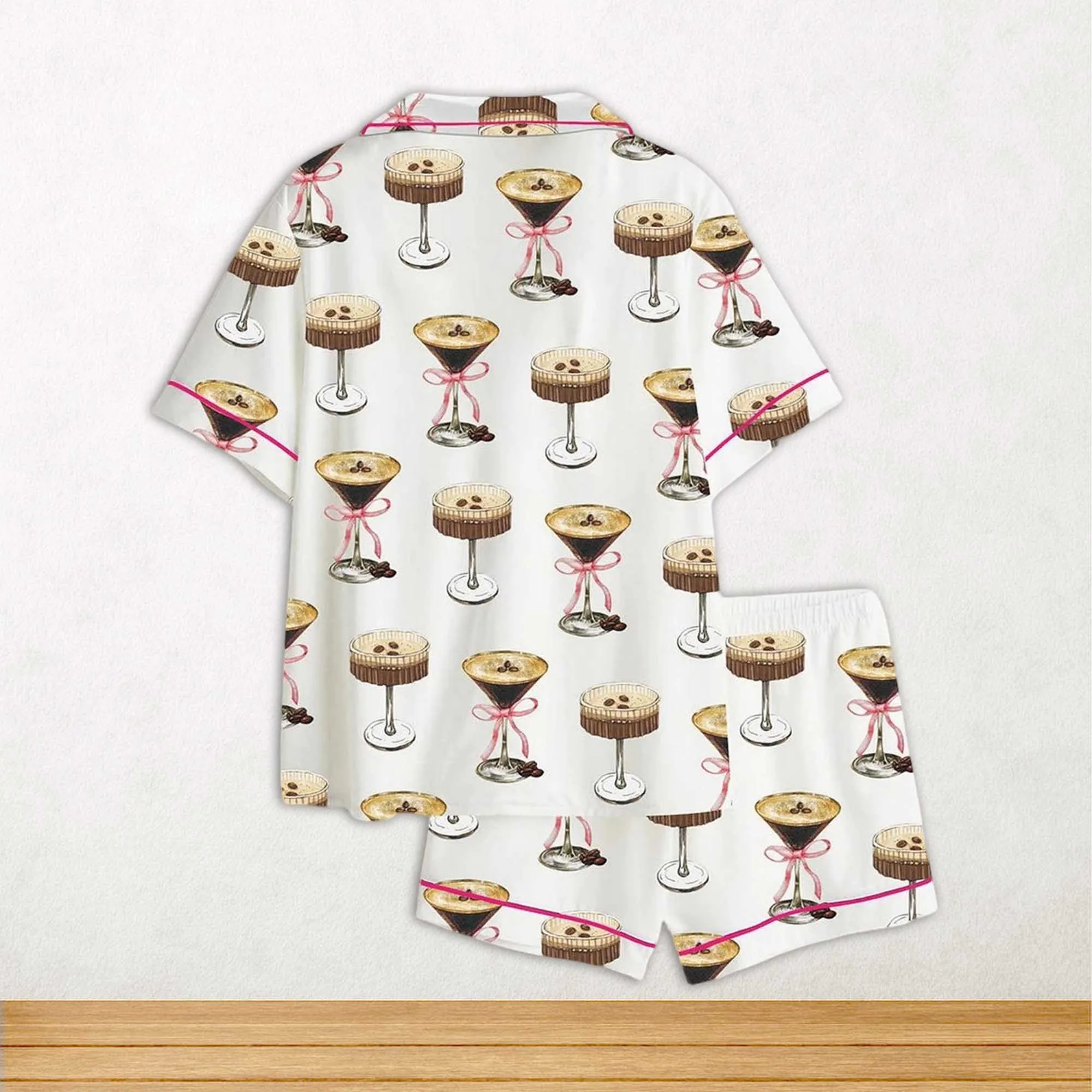 Espresso Martini Pink Bow Short Sleeve Satin Pajama Set For Women - Image 2