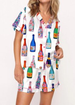 Floral Champagne Bottle Pajama Set For Women